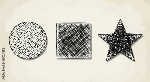 Artistic exploration of hand-drawn geometric shapes, featuring unique textural patterns like stippling, hatching, and abstract lines, for creative design concepts