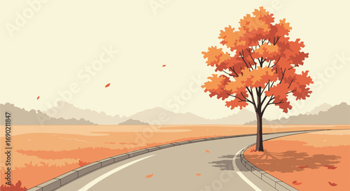 Autumn landscape with a lone tree beside a winding road  