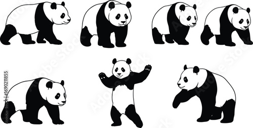 Panda bear silhouette vector illustration, walking panda, standing panda, cute panda poses, wildlife animal design, black and white panda art collection