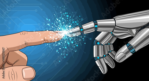 Human Finger Touches Futuristic Robot Hand Triggering Digital Spark of Innovation and Technology