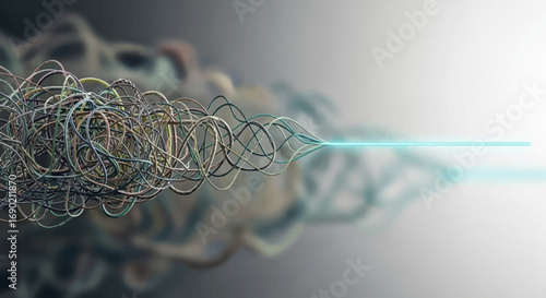 Dynamic visualization of intricate data streams and complex networks converging into a streamlined, potent energy beam, representing technological focus and information processing efficiency