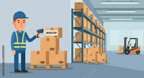 Warehouse Inventory Management Worker Scanning Boxes with Barcode Reader for Accurate Tracking