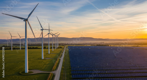 Wind Turbines and Solar Panels in a Renewable Energy Landscape at Sunset