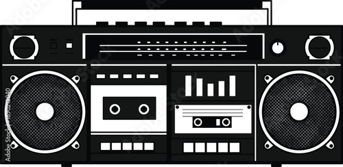 Retro boombox vector illustration, vintage cassette player design, old school stereo, music sound system, 80s radio graphic, portable audio tape recorder