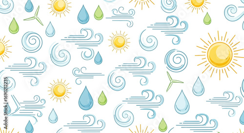 Weather Elements Seamless Pattern Sun, Rain, Wind, and Sky - Perfect for Designs
