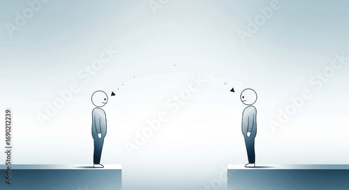 Two figures exchanging information across a chasm, symbolizing the concept of remote communication and bridging a gap