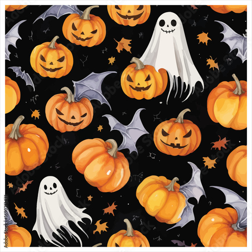 Spooky halloween pattern with jack o lanterns ghosts and bats festive seasonal design