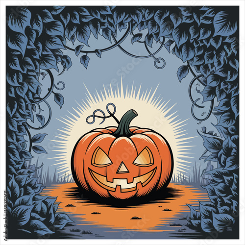 Spooky jack o lantern glows amidst dark twisting vines halloween scene
