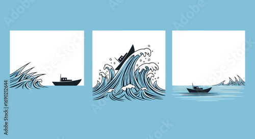 The tumultuous journey of a small vessel navigating through treacherous waters, illustrating concepts of challenge, resilience, and survival against overwhelming odds