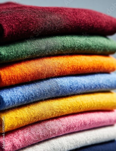 Close-up of a stack of neatly folded, textured fabrics in varying vivid colors