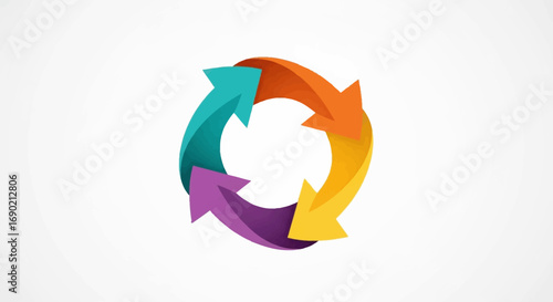 Vibrant arrows in a circular motion symbolize a dynamic process of continuous refresh and cyclical flow, representing evolution and forward momentum in various systems