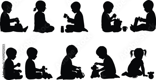 Silhouette set of children playing, kids sitting with toys, boys and girls activities, childhood moments, vector illustration isolated on white background