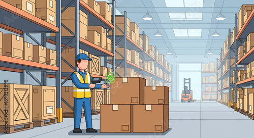 Warehouse worker using a handheld scanner for inventory management on a stack of cardboard boxes, with storage racks in a distribution center