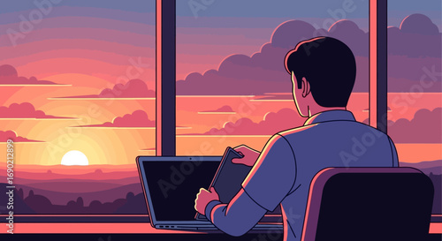 Man at Work Enjoying Sunset View from Office Window, Contemplating Digital Work