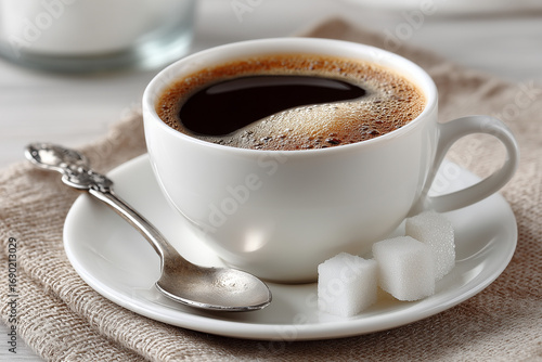 Hot black coffee in white cup with sugar cubes and spoon.

