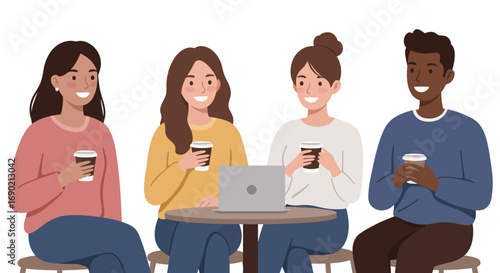 Four diverse friends enjoying coffee together around a table with a laptop, sharing a moment of connection and conversation.
