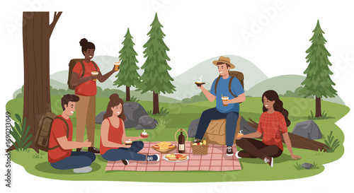 A diverse group of friends enjoys a sunny outdoor picnic, sharing food and drinks amidst a serene forest landscape with tall trees and rolling hills.