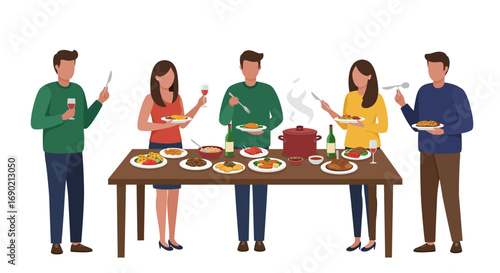 Friends enjoying a delicious meal together at a long table, filled with various dishes and drinks.