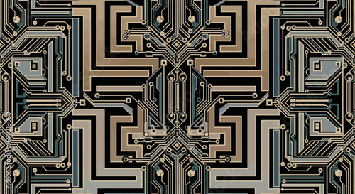 Futuristic digital art illustration of a complex microchip motherboard with detailed and symmetrical electronic pathways