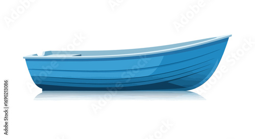 Side profile view of a simple blue recreational dinghy or rowboat. A small, empty nautical vessel for fishing or leisure on the water