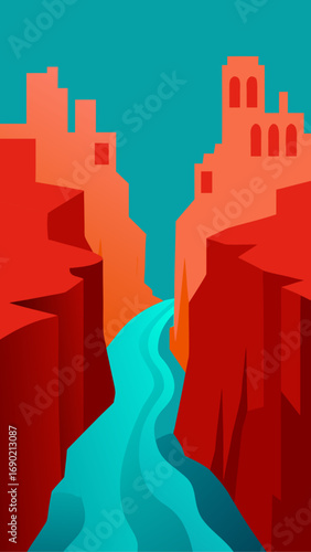Canyon river with buildings on the cliffs