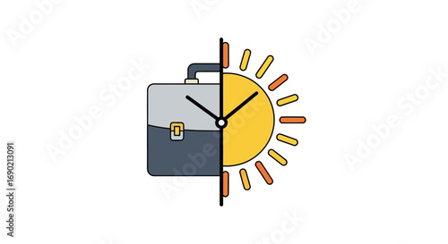 Work-life balance and the daily grind represented by a briefcase merging with a sun clock