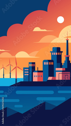 Cityscape with wind turbines at sunset