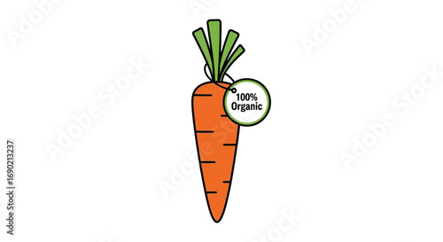 A fresh organic carrot with a '100% Organic' tag, symbolizing healthy eating and natural produce