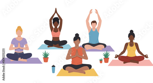 Diverse group of people practicing yoga poses on mats, promoting wellness and inclusivity.