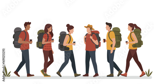 Group of hikers walking with backpacks, enjoying a leisurely outdoor adventure, holding cups.