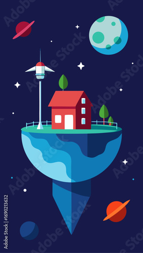House on floating island in space scene