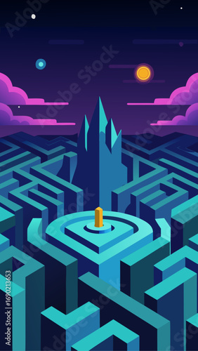 Isometric maze with castle and night sky