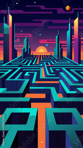 Futuristic city maze at sunset horizon