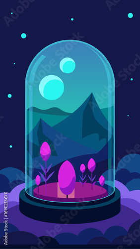 Landscape under glass dome with two moons