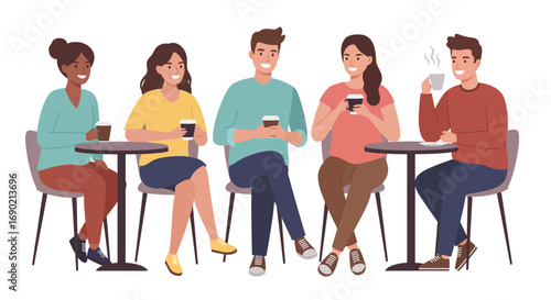 Diverse group of friends enjoying coffee together at a cafe.