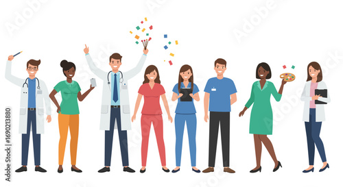 A diverse group of smiling healthcare professionals, including doctors and nurses, celebrating with confetti and holding medical tools and a small dish.