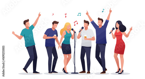 A group of diverse friends joyfully singing into microphones at a lively party, celebrating together with raised arms and smiles.