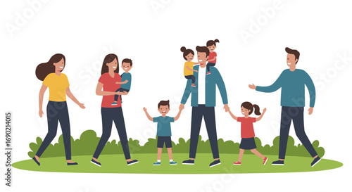 Diverse families enjoying a walk together, with parents carrying and playing with their children in a park setting.