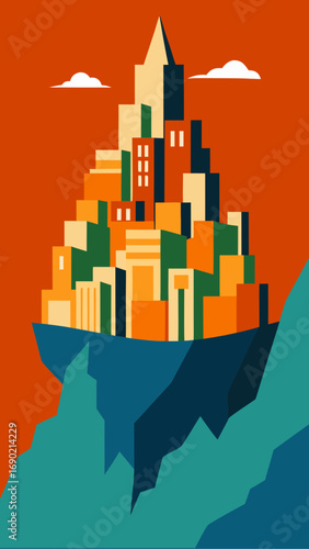 Cityscape atop cliffs against orange sky