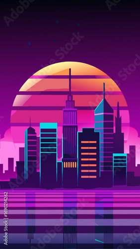 Retro city skyline with sunset background