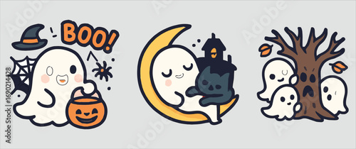 Cute halloween ghosts boo moon tree spooky characters candy treats holiday fun