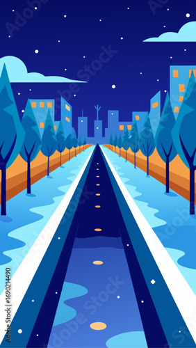Cityscape at night with long road ahead