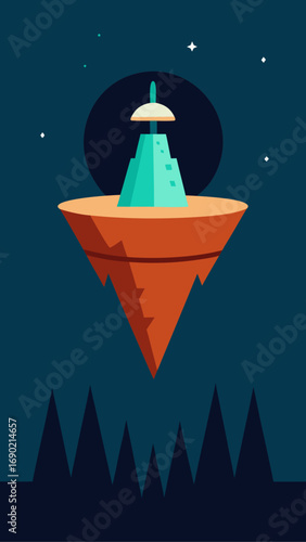 Floating island with tower in night scene