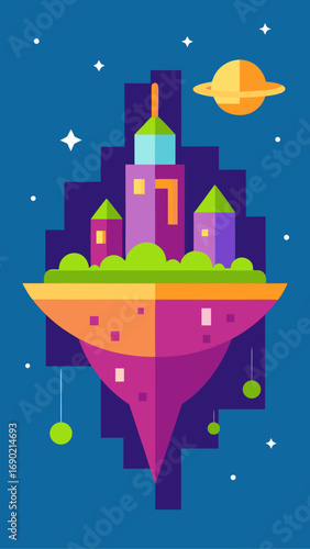 Floating island with buildings and planet