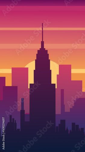Cityscape silhouette at colorful sunset