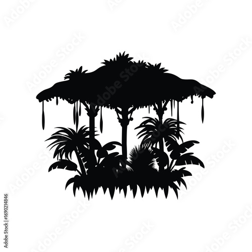 Silhouetted tropical rainforest scene with palm trees and lush vegetation in black, jungle canopy silhouette vector illustration