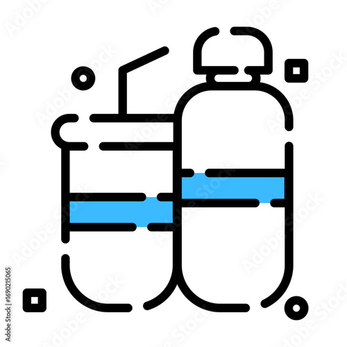 Icon of common beverage containers, a cup with a straw and a bottle, takeaway drinks suitable for website, food application and e-commerce.