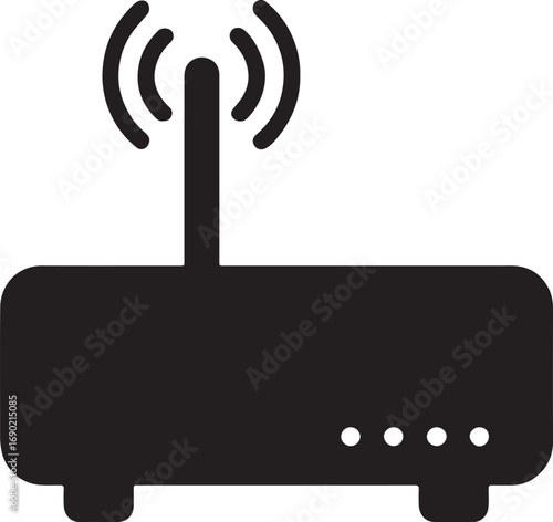 A stark black silhouette of a modern wireless router, featuring an antenna and signal waves, presented in a clean, minimalist style.
