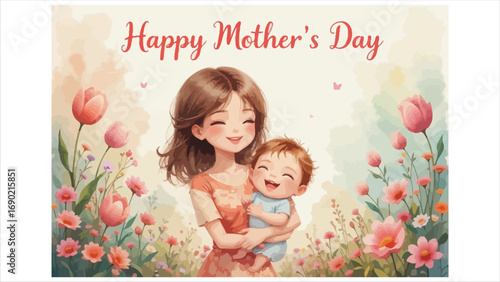 Happy mother's day heartwarming portrait of a mother and child surrounded by flowers and soft light