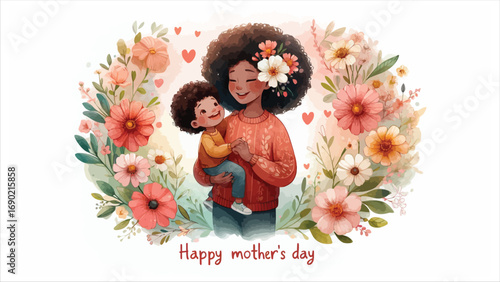 Joyful mother and child embraced by beautiful blooming flowers celebrating mother's day warmly